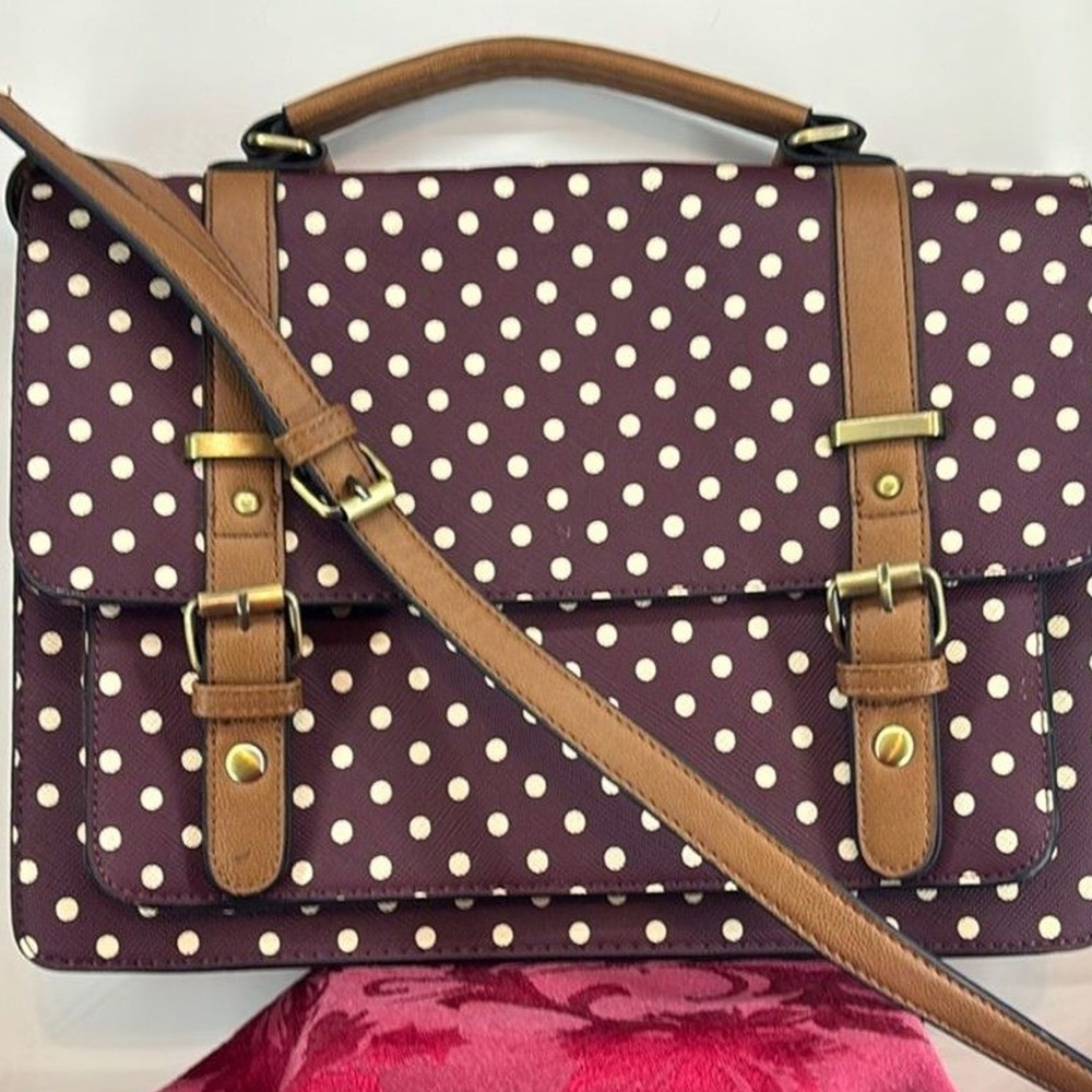 Burgundy Polka Dot Satchel Bag Tan Trim Crossbody Messenger‎ Top Handle Retro